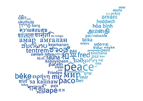 Bird silhouette made up of the word peace translated into many different languages