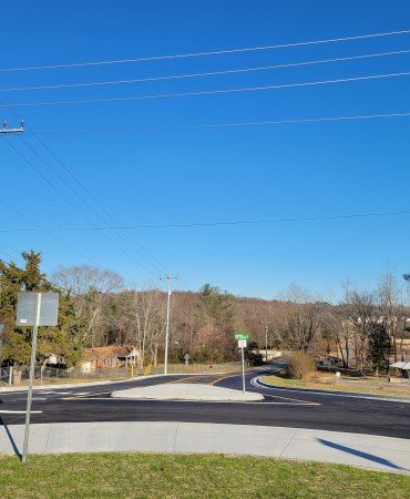 View of the Blue Hole Rd and Pettus Rd roundabout project complete