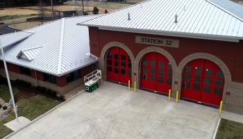 Drone view of front of Fire Station 32 building