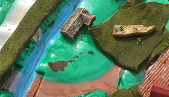 Overhead view of tiny town model 