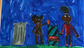 Child's artwork depicting trash can and people putting item into recycling container