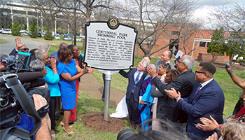 crowd looking at newly installed historical marker
