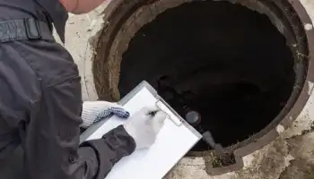 worker with clipboard inspecting manhole