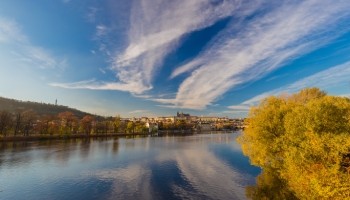 a small town seen across a river with trees in the foreground