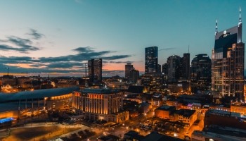 Nashville city skyline at dusk from above