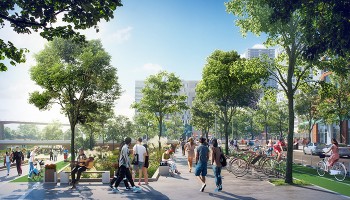 artist rendering of a green space with many people in the East Bank area