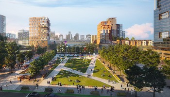 artist rendering of an aerial view of a green space in the East Bank area