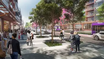 artist rendering of a street in the East Bank area