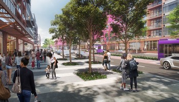 artist rendering of a street in the East Bank area