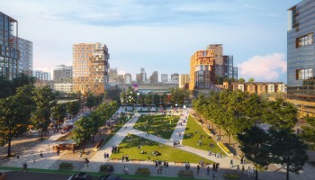 artist rendering of an aerial view of the future East Bank area