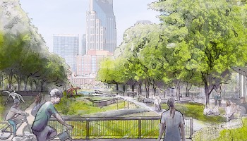watercolor painting depicting the proposed East Bank area