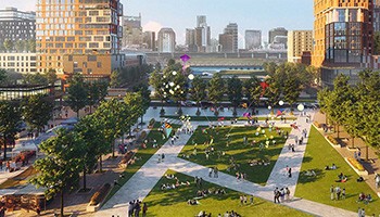 artist rendering of an aerial view of a green space in the East Bank area