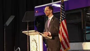 Mayor Freddie O'Connell on stage delivering the State of Metro Address