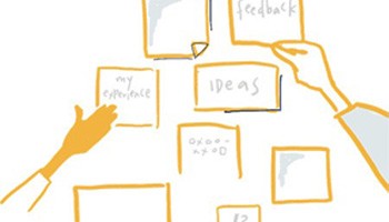 illustration of hands posting ideas on a wall