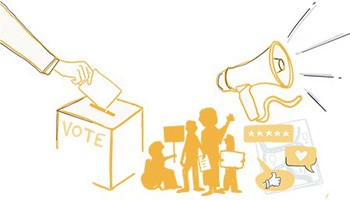 illustration of various forms of civic engagement including voting and demonstrating