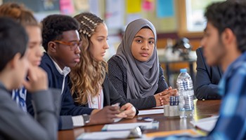photo: multi-racial teens sitting at a table.