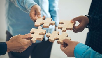 four hands holding wooden puzzle pieces