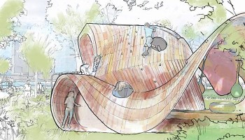 artist rendering of a sculpture and play structure at the East Bank Development