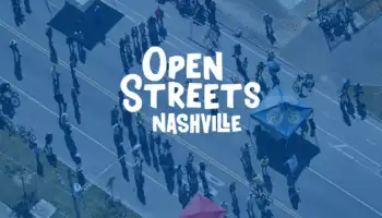 Open Streets logo over a drone shot of people attending an open street
