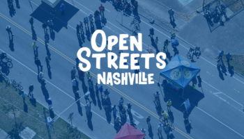 Open Streets logo over a drone shot of people attending an open street