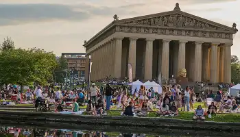 Nashville's Parthenon surrounded by crowds of visitors