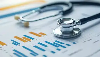 Stethoscope resting on medical charts with bar graphs and data.