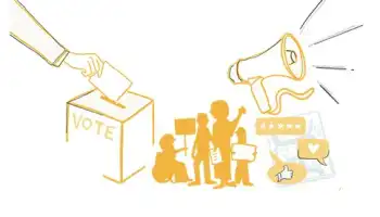 Illustration of hands placing a ballot into a voting box with people expressing their thoughts and opinions
