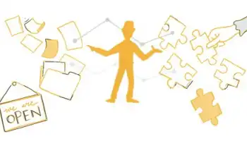 Golden figure surrounded by floating puzzle pieces and files.