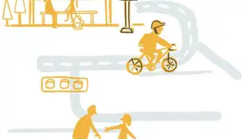 Illustration of family activities: bus stop with people, person on bicycle, and family walking together.