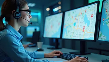 Woman wearing headset at desk monitoring multiple computer screens displaying data maps in control room.