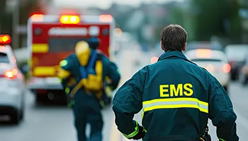 EMS paramedic from behind walking toward emergency vehicles on a rainy street.