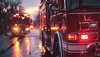 Emergency vehicles with flashing lights on wet street during dusk.