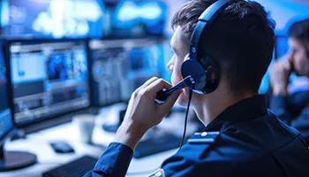 Person wearing headset at computer workstation in dimly lit control room with blue lighting.