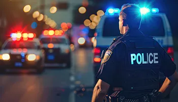 Police officer standing on wet street at night with emergency vehicle lights in background.