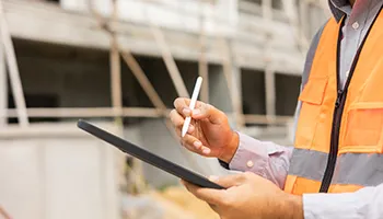 Construction worker in orange vest holding tablet at building site.