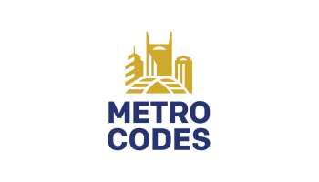 Metro Codes logo with gold building icon and navy text.