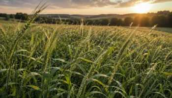 Golden sunset over a vast field with green stalks stretching to the horizon.