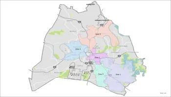 Colorful map of county with labeled administrative regions in pastel colors.