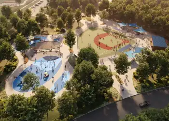 Aerial view rendering of what the a new Miracle League Field at Cedar Hill Park could look like. In addition to the Miracle Field accessible baseball diamond, it includes a playground and pavilion.