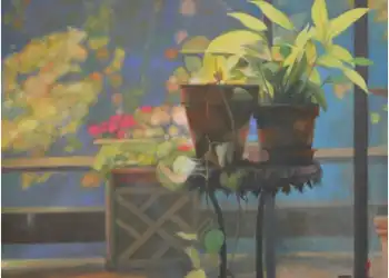 Potted plant sitting on a small table with more potted plants in the background.