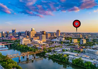 Nashville skyline with an illustrated location pin