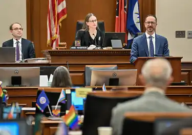 Mayor Freddie O'Connell addresses the Metro Council from a podium