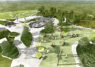 Color rendering of Mill Ridge East Rendering Pavilion and Play Expansion with Water Play