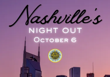 Nashville's Night Out event poster with city skyline at sunset, October 6.
