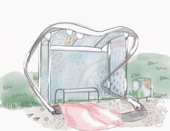 Artist's drawing of a Friendly Monster transit shelter