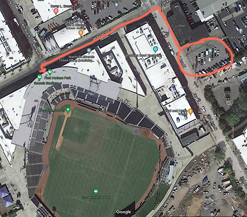 Aerial map of First Horizon Park with Vision Lot parking highlighted in orange