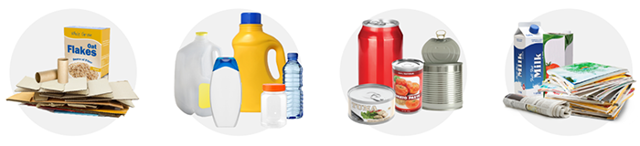 Recycle categories: cardboard, plastic jugs, food and drink cans, and paper and cartons