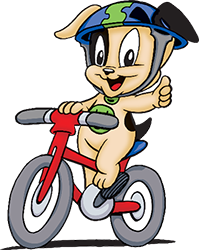Socket's mascot dog on a bicycle