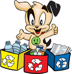 Socket's mascot dog with 3 recycling containers