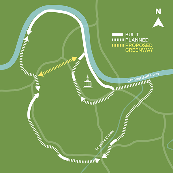 A map of Metro Parks’ City Central Greenway System illustrating the proposed Charlotte Corridor Rail-with-Greenway along the existing Cheatham County Rail Line (in yellow).